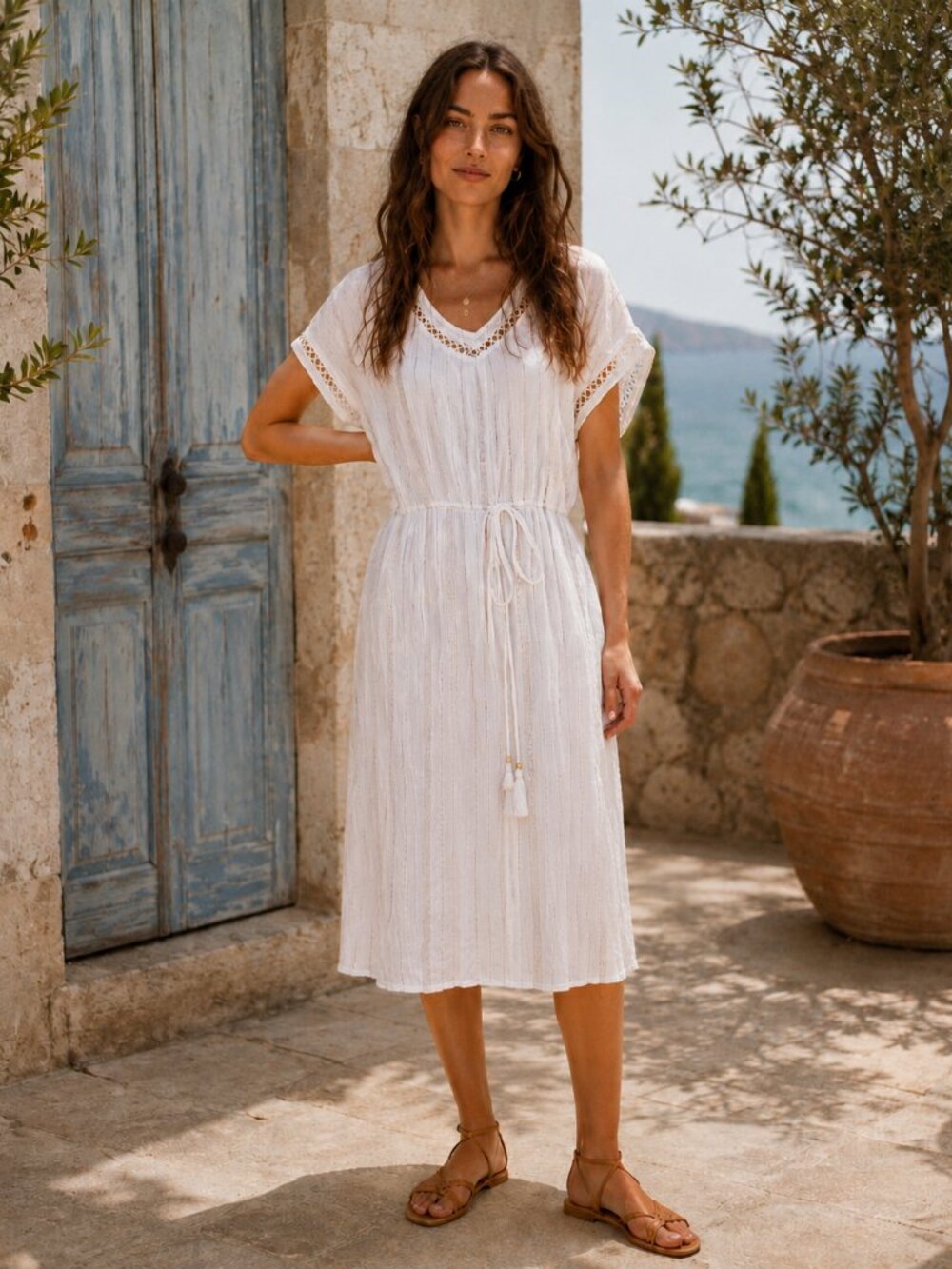 Women’s White Maxi Dress with Waist Tie Large Metallic Thread Gold Cotton